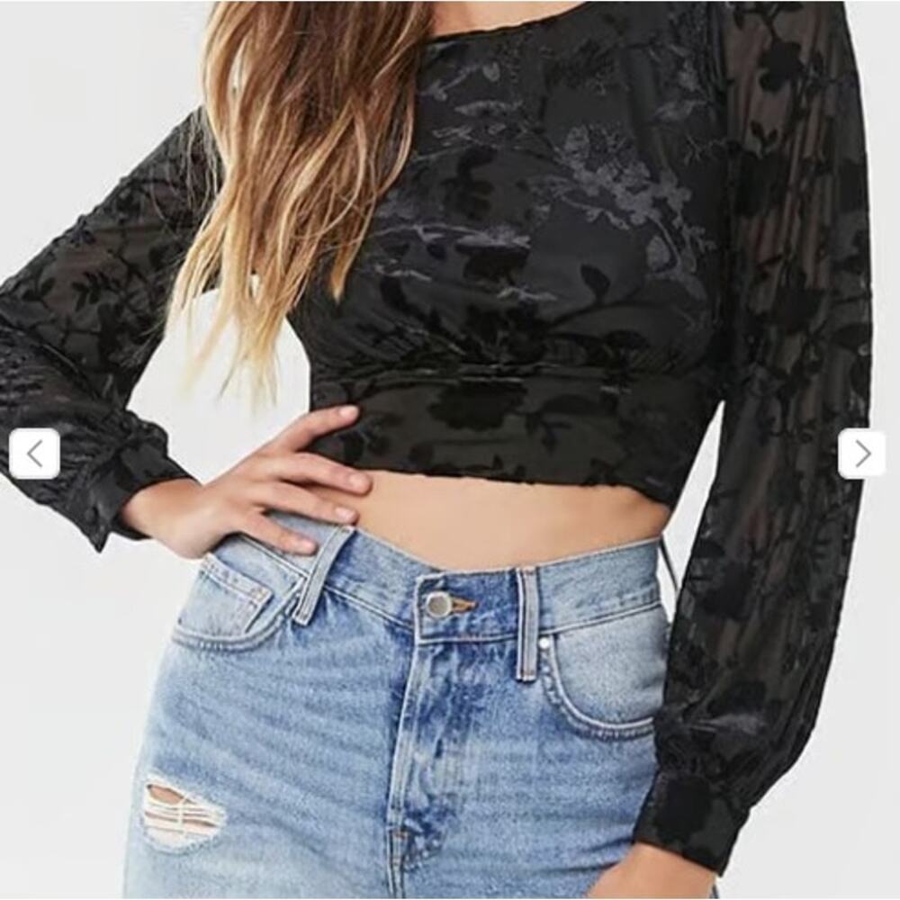 Velvet Burnout Crop Top Long Sleeve Womens Sz Medium Goth Whimsigoth Dark Fairy - Picture 2 of 6